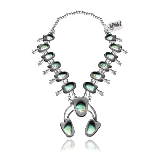 Squash Blossom .925 Sterling Silver Certified Authentic Navajo Native American Natural Turquoise Necklace 35169