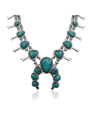 Squash Blossom .925 Sterling Silver Certified Authentic Navajo Native American Natural Turquoise Necklace 35173
