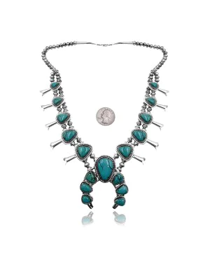 Squash Blossom .925 Sterling Silver Certified Authentic Navajo Native American Natural Turquoise Necklace 35173