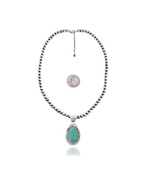 Leaf .925 Sterling Silver Certified Authentic Navajo Native American Natural Turquoise Necklace & Pendant 35174