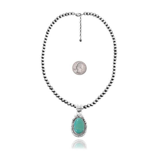 Leaf .925 Sterling Silver Certified Authentic Navajo Native American Natural Turquoise Necklace & Pendant 35174