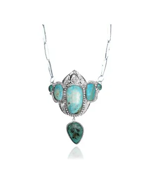 Flower Leaf .925 Sterling Silver Certified Authentic Navajo Native American Natural Turquoise Necklace 35175