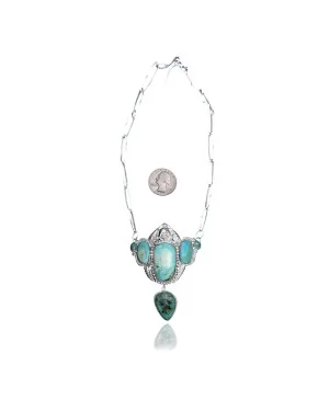 Flower Leaf .925 Sterling Silver Certified Authentic Navajo Native American Natural Turquoise Necklace 35175
