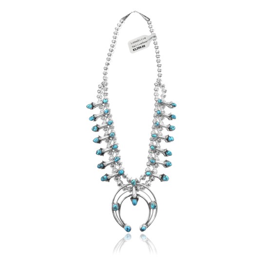 Squash Blossom .925 Sterling Silver Certified Authentic Navajo Native American Natural Turquoise Necklace 35176