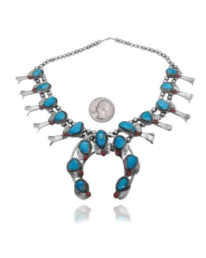 Squash Blossom .925 Sterling Silver Certified Authentic Navajo Native American Natural Turquoise Necklace 35177