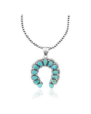 Squash Blossom .925 Sterling Silver Certified Authentic Navajo Native American Natural Turquoise Necklace Pendant 35178