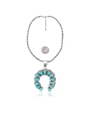 Squash Blossom .925 Sterling Silver Certified Authentic Navajo Native American Natural Turquoise Necklace Pendant 35178