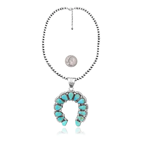 Squash Blossom .925 Sterling Silver Certified Authentic Navajo Native American Natural Turquoise Necklace Pendant 35178