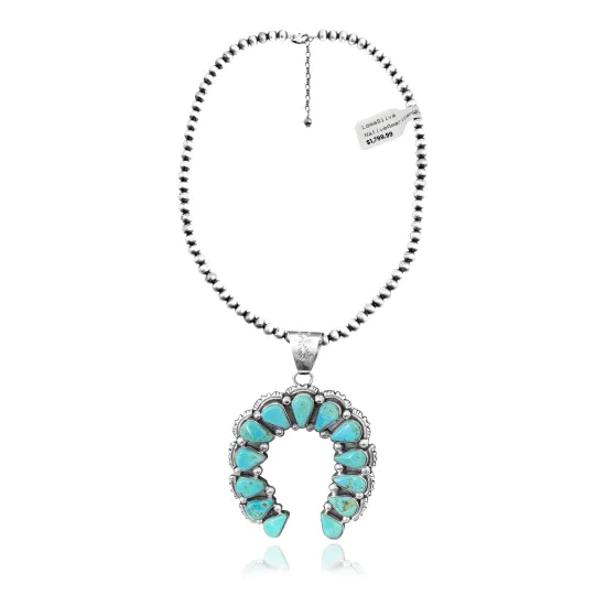 Squash Blossom .925 Sterling Silver Certified Authentic Navajo Native American Natural Turquoise Necklace Pendant 35178