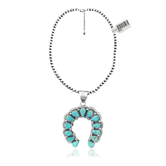 Squash Blossom .925 Sterling Silver Certified Authentic Navajo Native American Natural Turquoise Necklace Pendant 35178