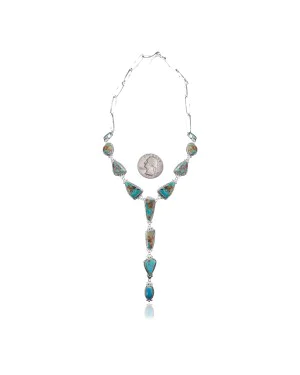 Elegant .925 Sterling Silver Certified Authentic Navajo Native American Natural Turquoise Necklace 35180