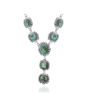 Flower .925 Sterling Silver Certified Authentic Navajo Native American Natural Turquoise Necklace 35184