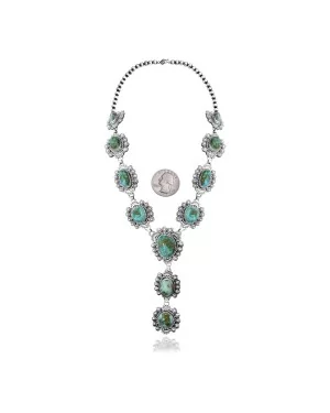 Flower .925 Sterling Silver Certified Authentic Navajo Native American Natural Turquoise Necklace 35184