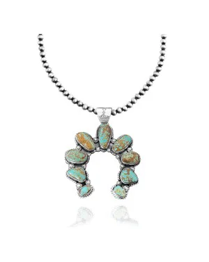 Squash Blossom .925 Sterling Silver Certified Authentic Navajo Native American Natural Turquoise Necklace Pendant 35185