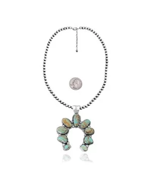 Squash Blossom .925 Sterling Silver Certified Authentic Navajo Native American Natural Turquoise Necklace Pendant 35185