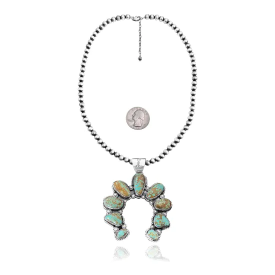 Squash Blossom .925 Sterling Silver Certified Authentic Navajo Native American Natural Turquoise Necklace Pendant 35185