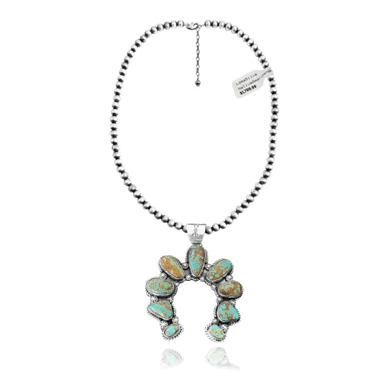 Squash Blossom .925 Sterling Silver Certified Authentic Navajo Native American Natural Turquoise Necklace Pendant 35185