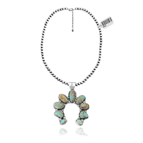 Squash Blossom .925 Sterling Silver Certified Authentic Navajo Native American Natural Turquoise Necklace Pendant 35185