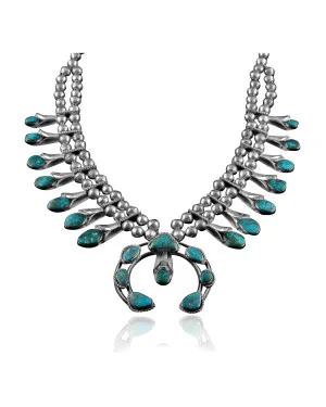 Squash Blossom .925 Sterling Silver Certified Authentic Navajo Native American Natural Turquoise Necklace 35186