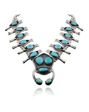 Squash Blossom .925 Sterling Silver Certified Authentic Navajo Native American Natural Turquoise Necklace 35188