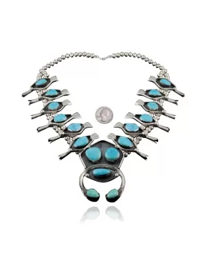 Squash Blossom .925 Sterling Silver Certified Authentic Navajo Native American Natural Turquoise Necklace 35188