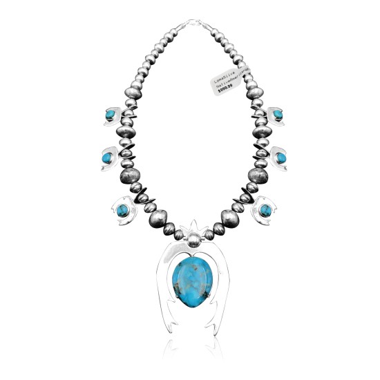 Squash Blossom .925 Sterling Silver Certified Authentic Navajo Native American Natural Turquoise Necklace 35190