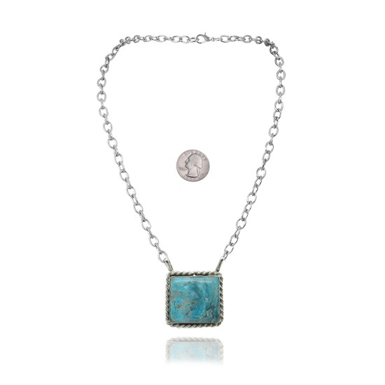 Delicate .925 Sterling Silver Certified Authentic Navajo Native American Natural Turquoise Necklace Pendant 35191