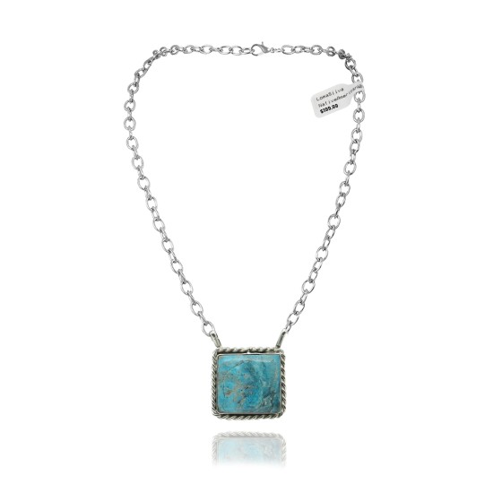 Delicate .925 Sterling Silver Certified Authentic Navajo Native American Natural Turquoise Necklace Pendant 35191