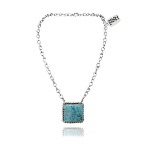 Delicate .925 Sterling Silver Certified Authentic Navajo Native American Natural Turquoise Necklace Pendant 35191