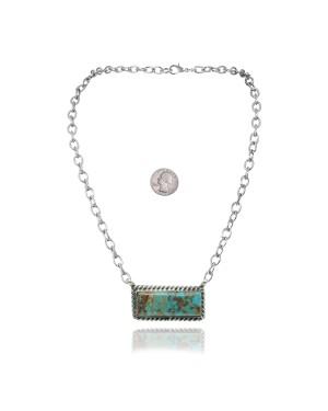 Delicate .925 Sterling Silver Certified Authentic Navajo Native American Natural Turquoise Necklace Pendant 35192
