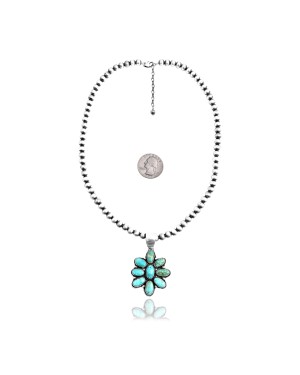 Flower .925 Sterling Silver Certified Authentic Navajo Native American Natural Turquoise Necklace Pendant 35194