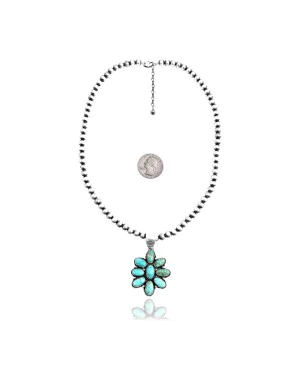 Flower .925 Sterling Silver Certified Authentic Navajo Native American Natural Turquoise Necklace Pendant 35194