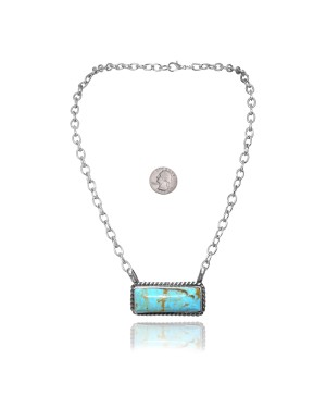 Delicate .925 Sterling Silver Certified Authentic Navajo Native American Natural Turquoise Necklace Pendant 35195