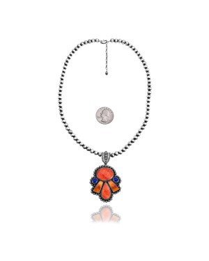 Squash Blossom .925 Sterling Silver Certified Authentic Navajo Native American Lapis Spiny Oyster Necklace 35200