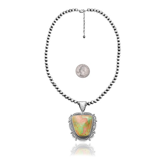 Navajo Pearl Design .925 Sterling Silver Certified Authentic Navajo Native American Natural Green Turquoise Necklace Chain Pendant 35220