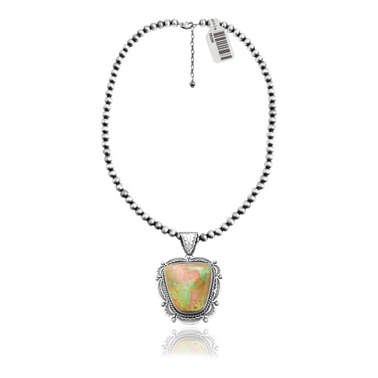 Navajo Pearl Design .925 Sterling Silver Certified Authentic Navajo Native American Natural Green Turquoise Necklace Chain Pendant 35220